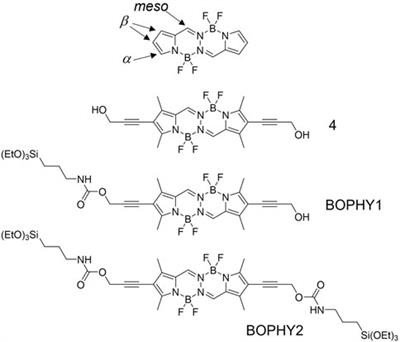 Hybridising inorganic materials with fluorescent BOPHY dyes: A structural and optical comparative study